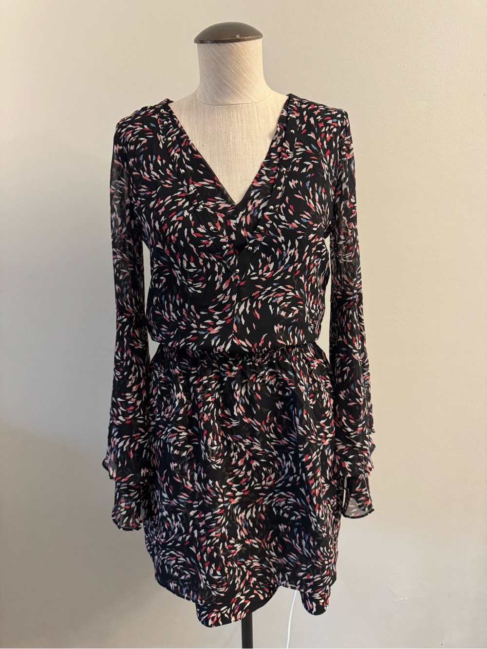 Black Floral-Print Long Sleeve V-Neck Mini Dress with Pink & White Accents
